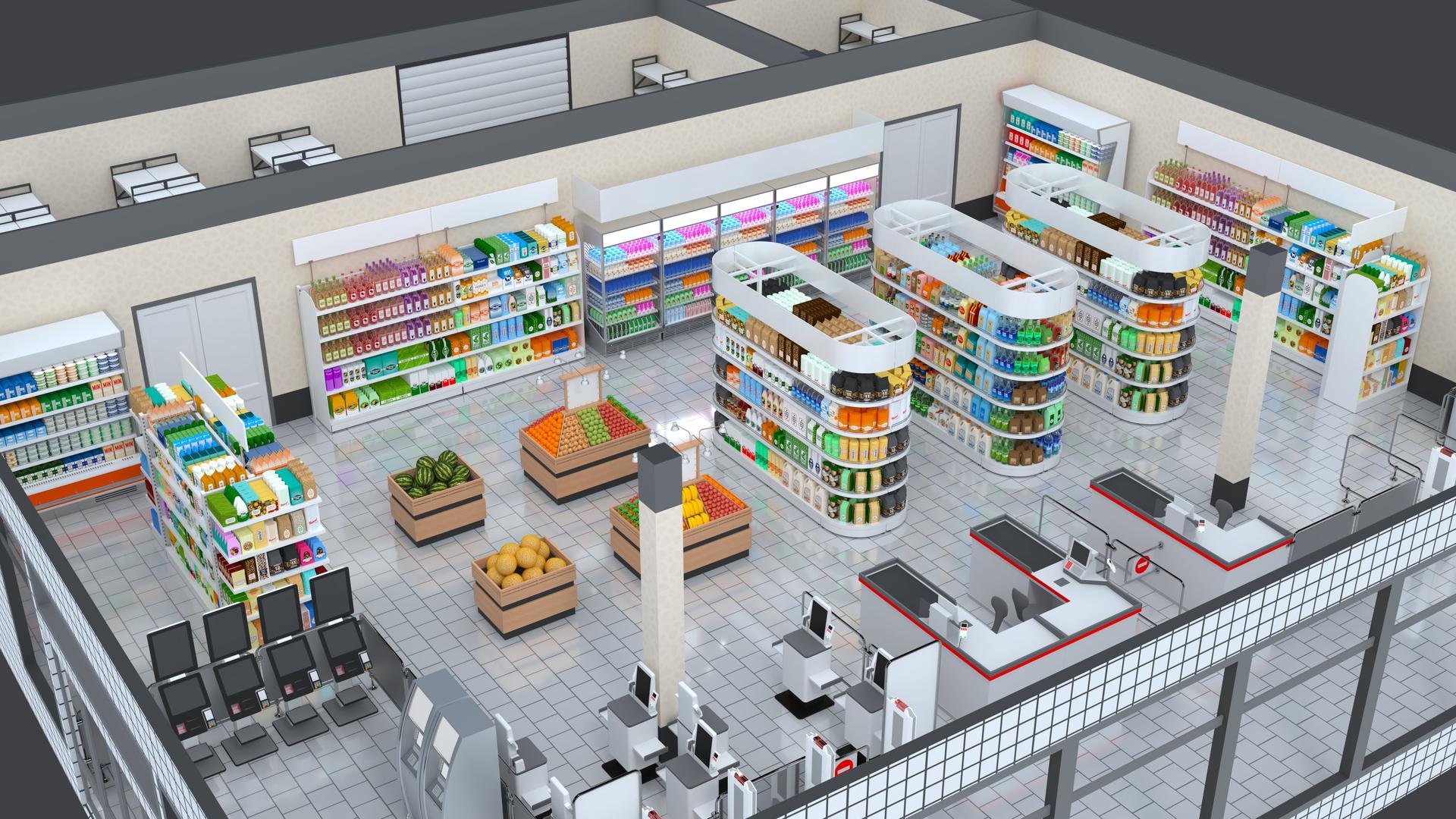 Store interior isometric composition, multi-colored packaging