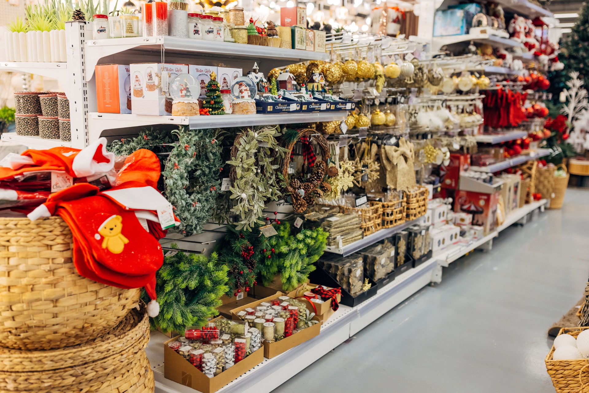 Christmas and New Year decorations on display in a department store, no people