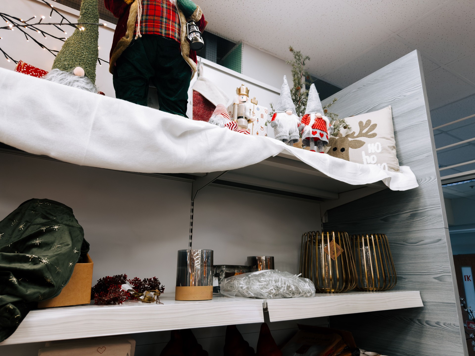 Holiday decorations on display in a retail store during the festive season